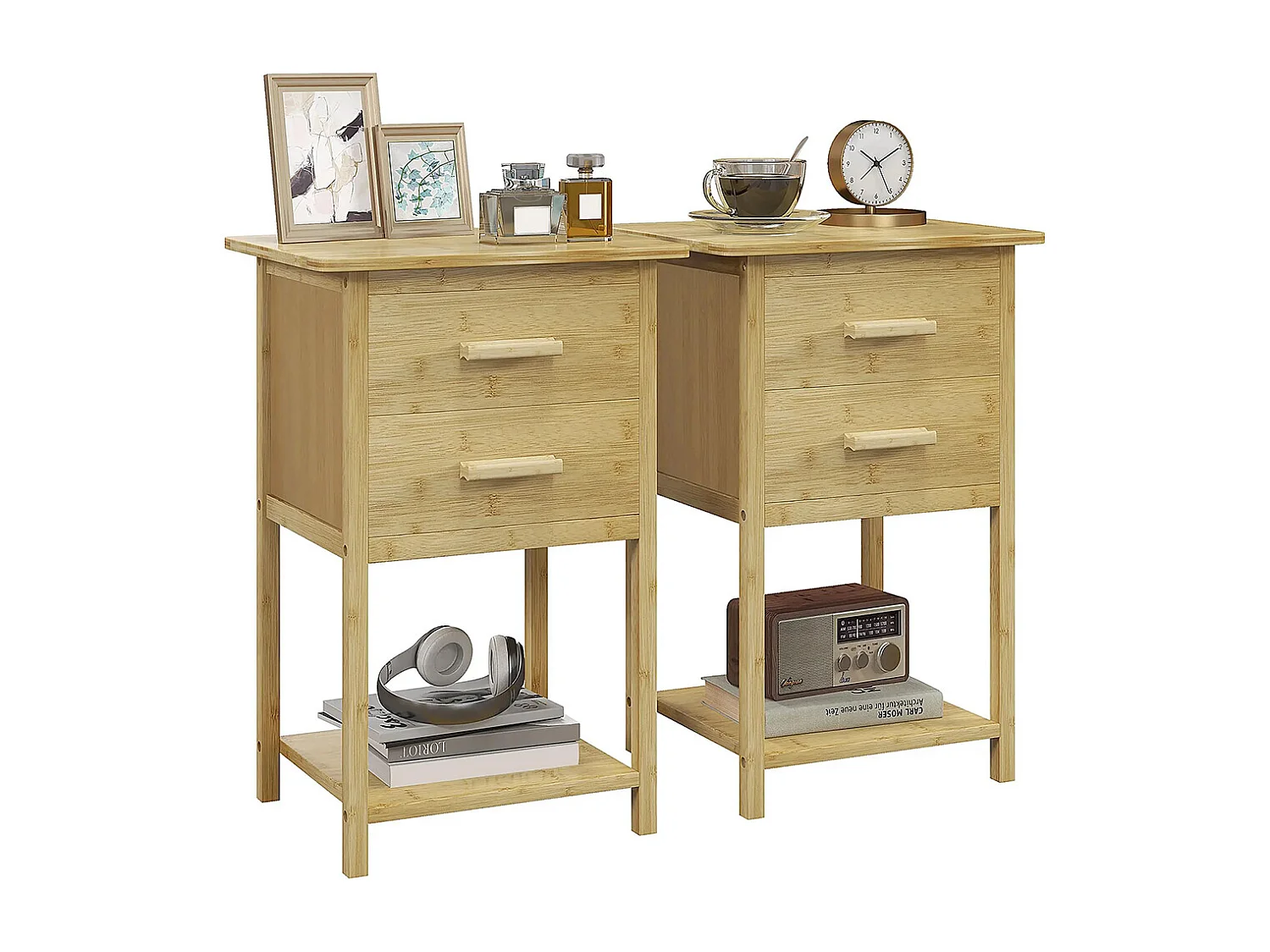 Lot de 2 tables de chevet table de nuit en bambou avec 2 tiroirs et 1 étagère 40 x 34 x 60 cm, naturel