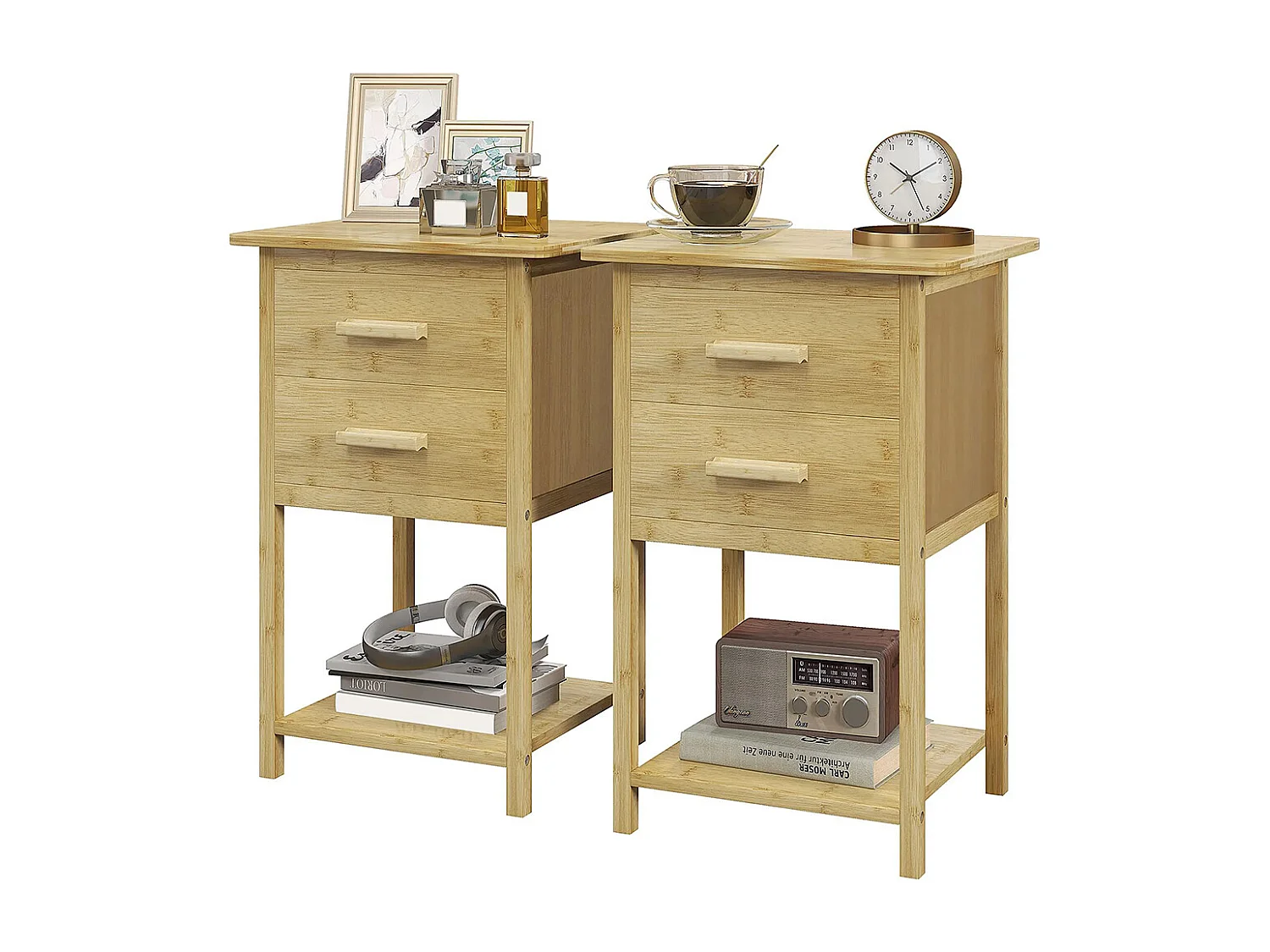 Lot de 2 tables de chevet table de nuit en bambou avec 2 tiroirs et 1 étagère 40 x 34 x 60 cm, naturel