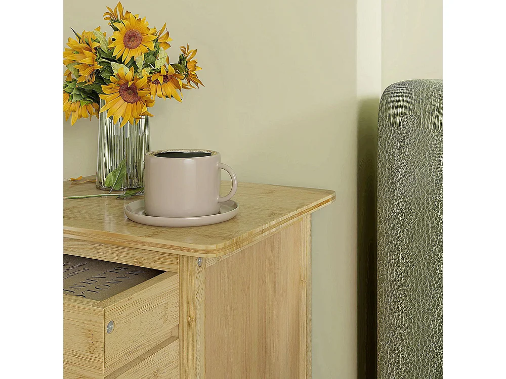 Lot de 2 tables de chevet table de nuit en bambou avec 2 tiroirs et 1 étagère 40 x 34 x 60 cm, naturel