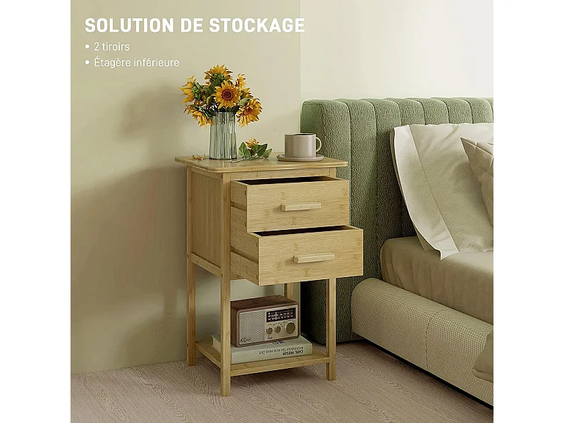 Lot de 2 tables de chevet table de nuit en bambou avec 2 tiroirs et 1 étagère 40 x 34 x 60 cm, naturel