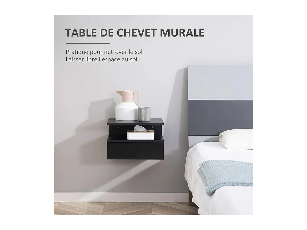 Ensemble de 2 tables de chevet murales - Ensemble de 2 tables de chevet - Tiroirs, niches, plateaux - Panneau en aggloméré noir