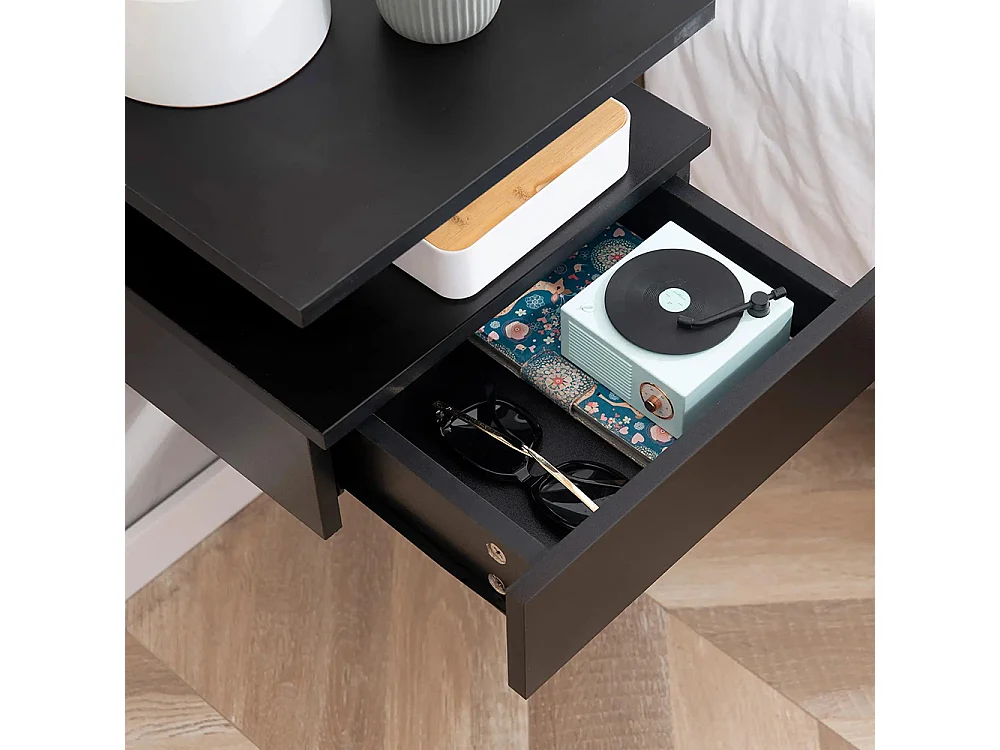 Ensemble de 2 tables de chevet murales - Ensemble de 2 tables de chevet - Tiroirs, niches, plateaux - Panneau en aggloméré noir