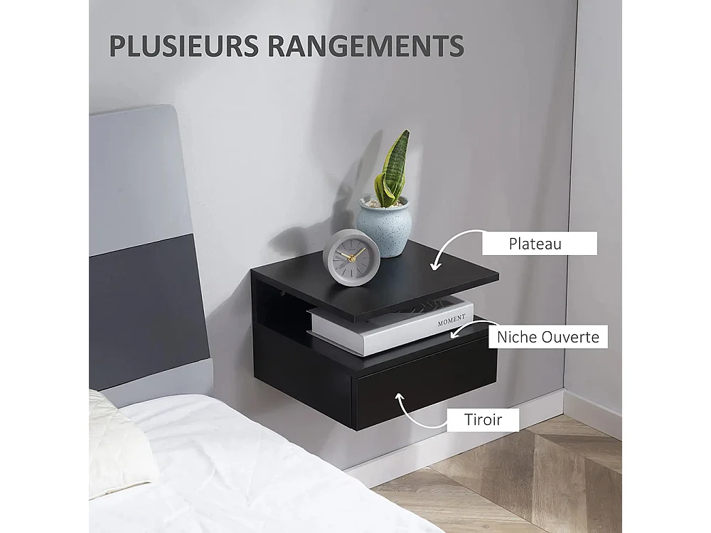 Ensemble de 2 tables de chevet murales - Ensemble de 2 tables de chevet - Tiroirs, niches, plateaux - Panneau en aggloméré noir