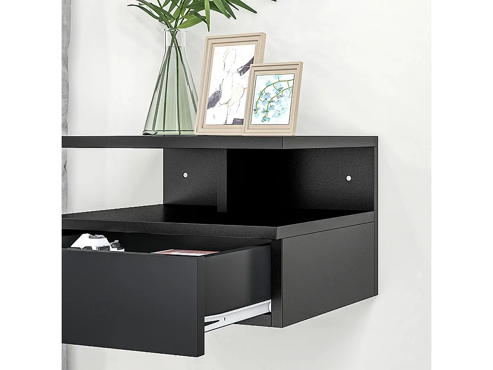 Ensemble de 2 tables de chevet murales - Ensemble de 2 tables de chevet - Tiroirs, niches, plateaux - Panneau en aggloméré noir