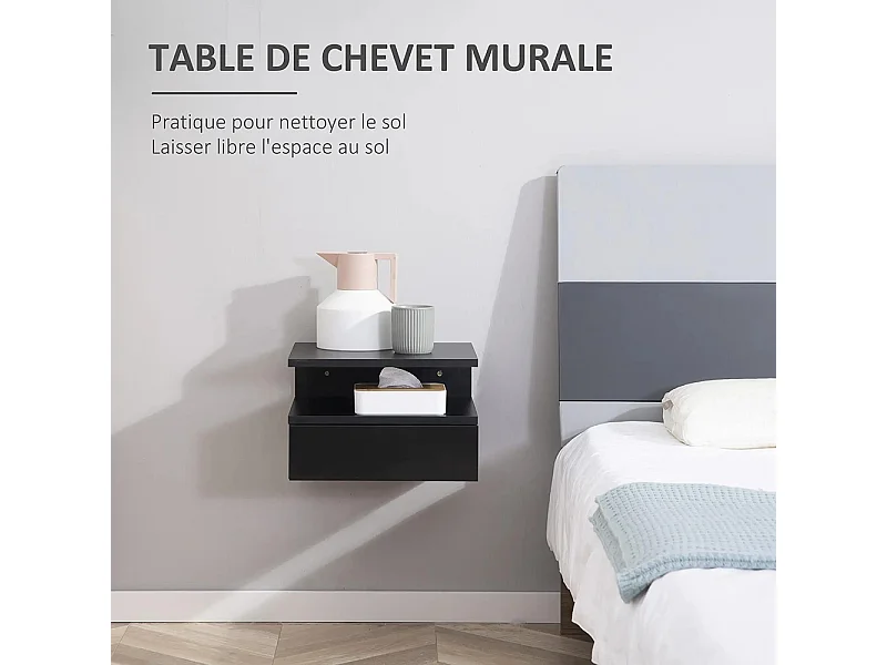 Ensemble de 2 tables de chevet murales - Ensemble de 2 tables de chevet - Tiroirs, niches, plateaux - Panneau en aggloméré noir