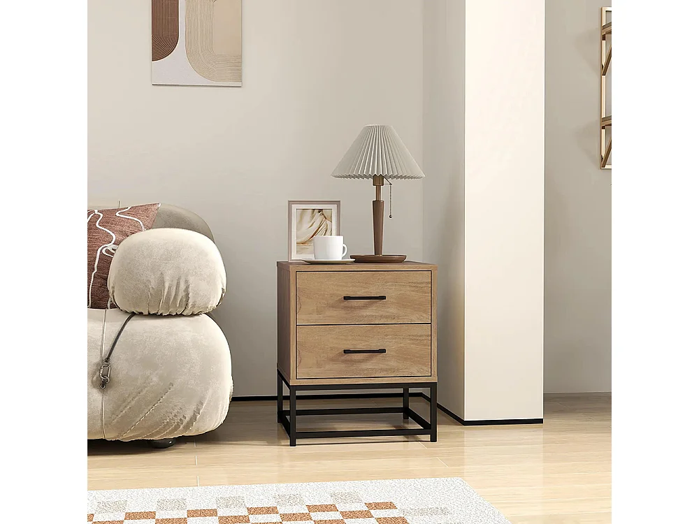 Ensemble de 2 tables de chevet avec 2 tiroirs, style industriel, bois naturel