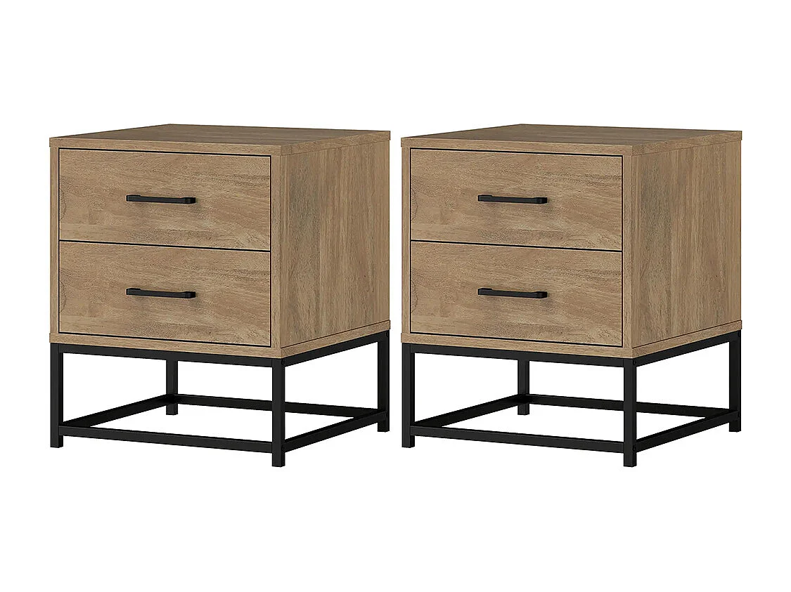 Ensemble de 2 tables de chevet avec 2 tiroirs, style industriel, bois naturel