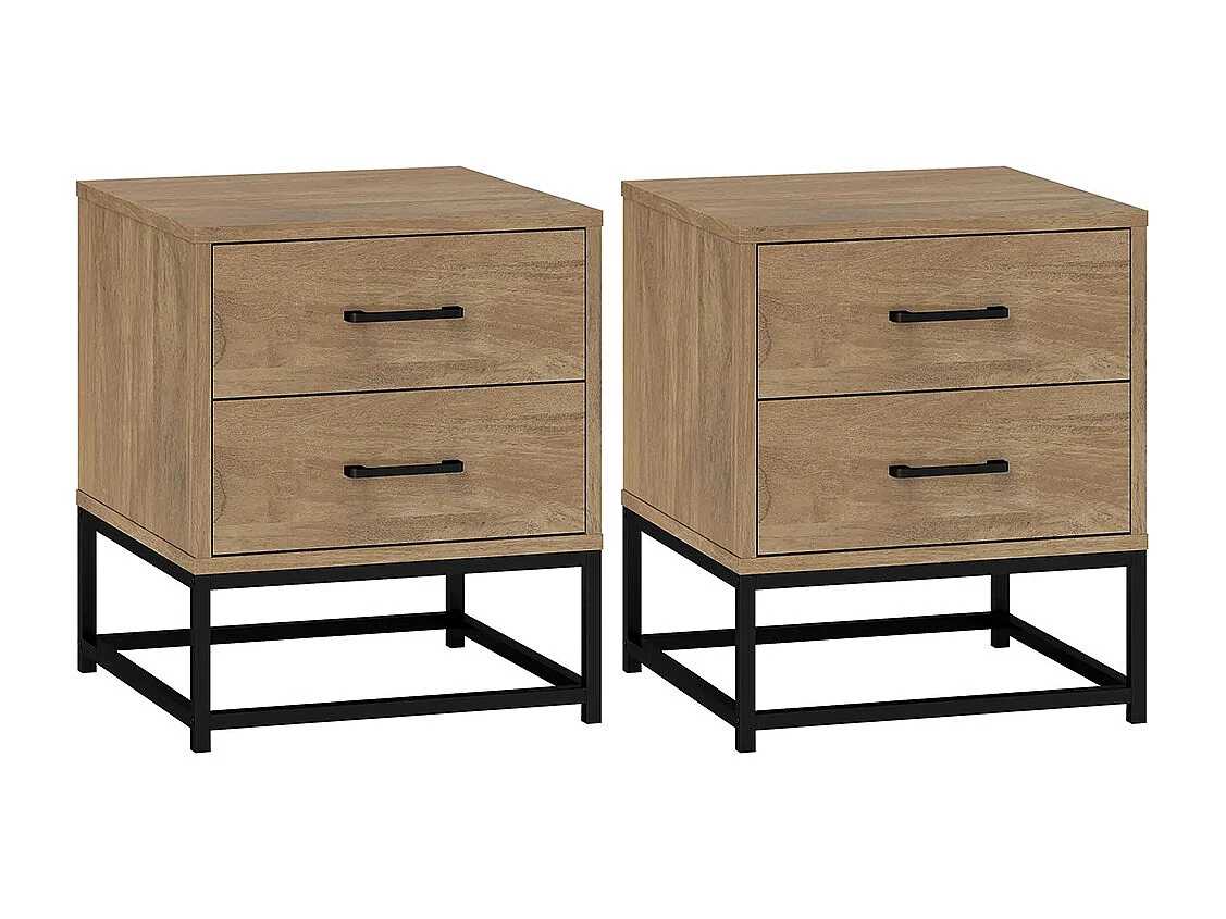Ensemble de 2 tables de chevet avec 2 tiroirs, style industriel, bois naturel