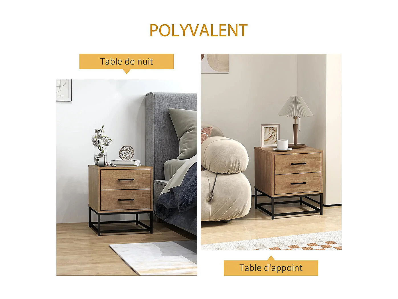 Ensemble de 2 tables de chevet avec 2 tiroirs, style industriel, bois naturel