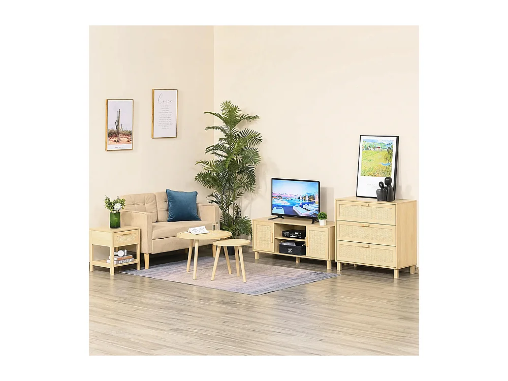 Table de chevet avec tiroirs et étagères, en rotin tressé, dimensions : 40 L x 40 l x 48 H cm, aspect bois clair naturel.