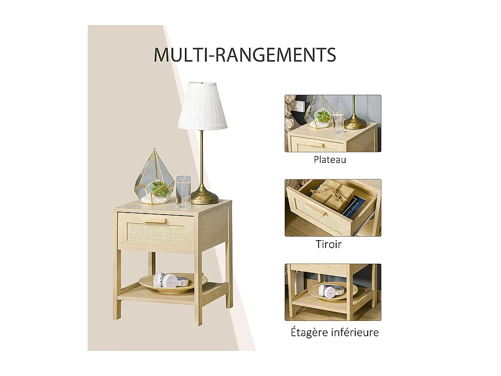 Table de chevet avec tiroirs et étagères, en rotin tressé, dimensions : 40 L x 40 l x 48 H cm, aspect bois clair naturel.