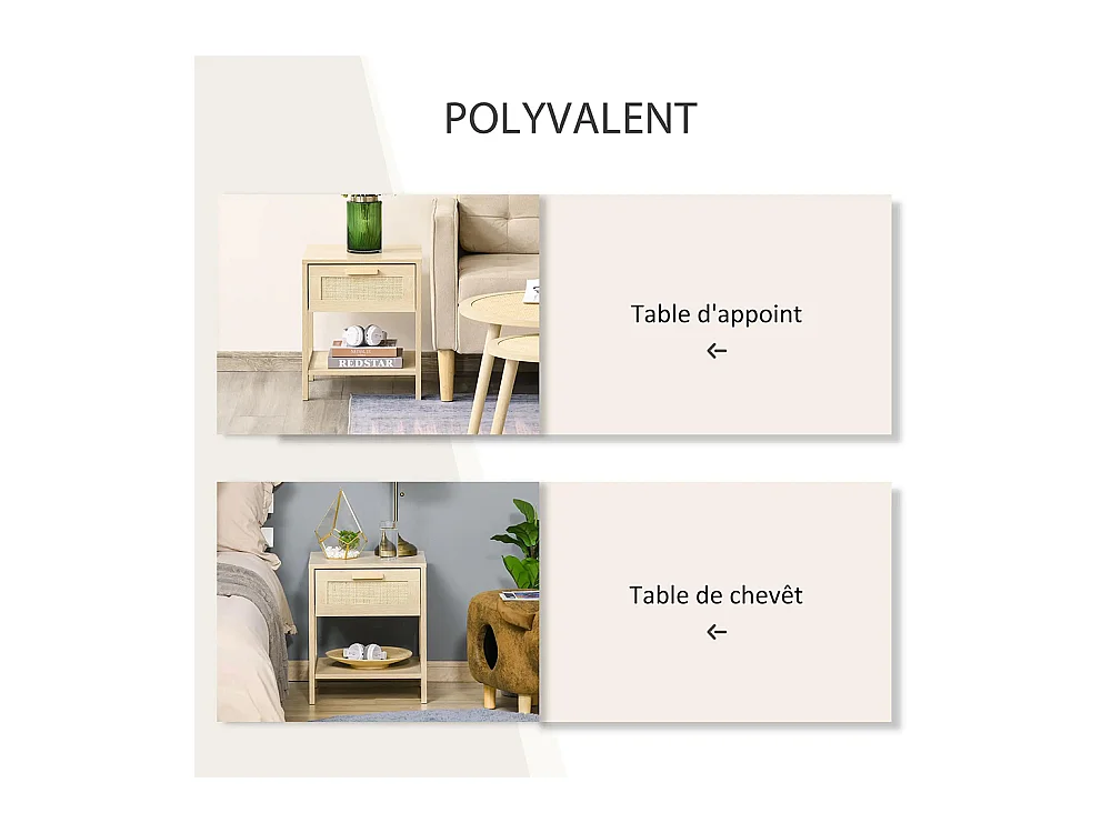 Table de chevet avec tiroirs et étagères, en rotin tressé, dimensions : 40 L x 40 l x 48 H cm, aspect bois clair naturel.