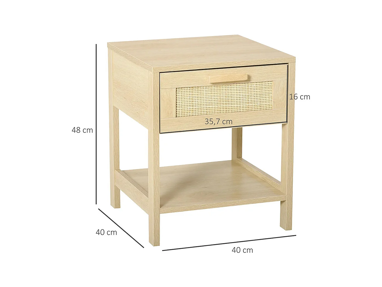 Table de chevet avec tiroirs et étagères, en rotin tressé, dimensions : 40 L x 40 l x 48 H cm, aspect bois clair naturel.