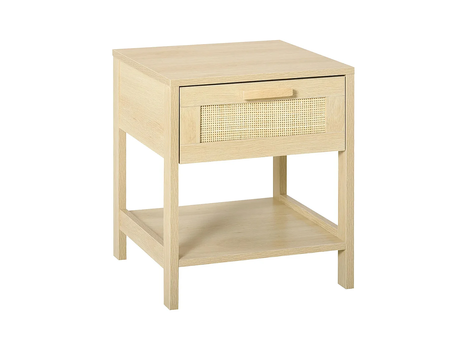 Table de chevet avec tiroirs et étagères, en rotin tressé, dimensions : 40 L x 40 l x 48 H cm, aspect bois clair naturel.