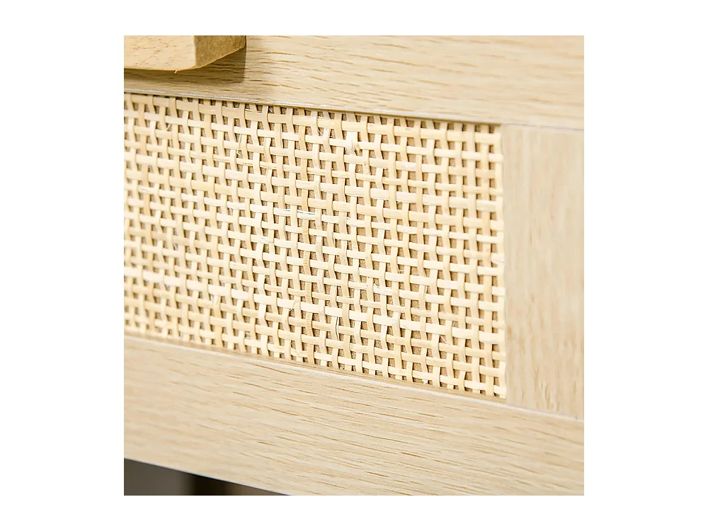 Table de chevet avec tiroirs et étagères, en rotin tressé, dimensions : 40 L x 40 l x 48 H cm, aspect bois clair naturel.