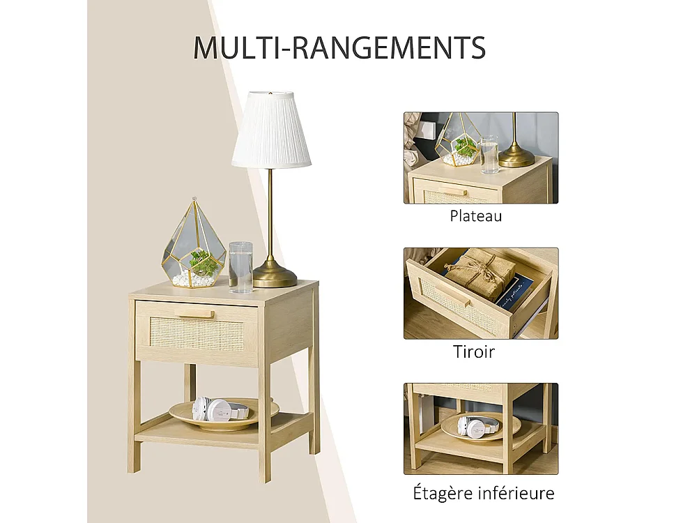 Table de chevet avec tiroirs et étagères, en rotin tressé, dimensions : 40 L x 40 l x 48 H cm, aspect bois clair naturel.