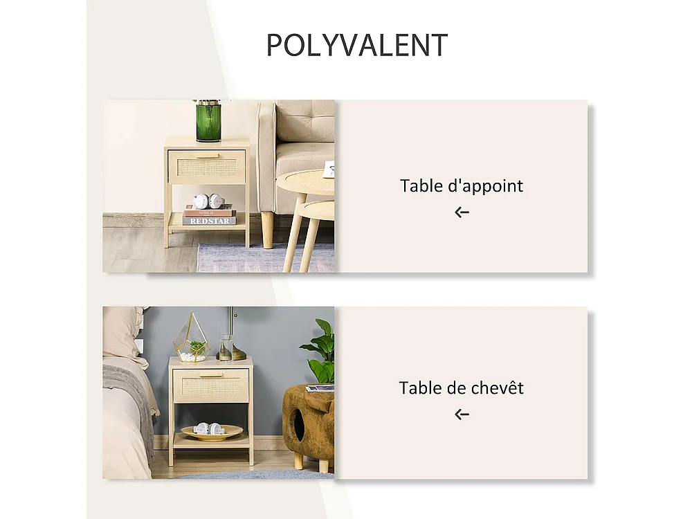 Table de chevet avec tiroirs et étagères, en rotin tressé, dimensions : 40 L x 40 l x 48 H cm, aspect bois clair naturel.