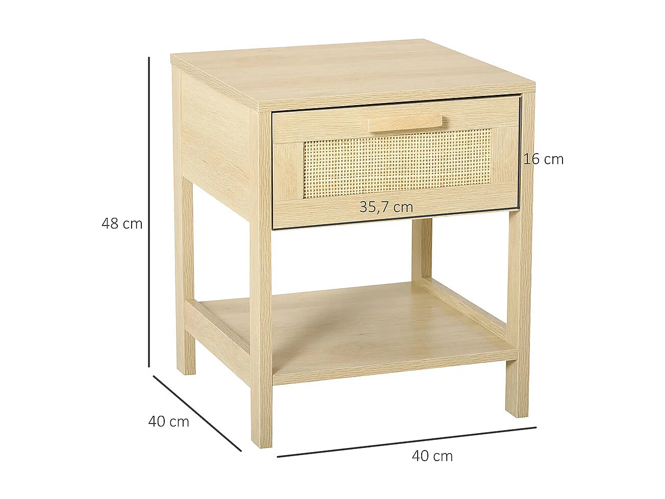 Table de chevet avec tiroirs et étagères, en rotin tressé, dimensions : 40 L x 40 l x 48 H cm, aspect bois clair naturel.