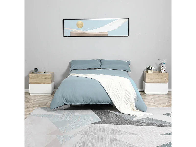 Table de chevet empilable, table de nuit, table d'appoint, avec 2 tiroirs, disponible en blanc et couleur naturelle.