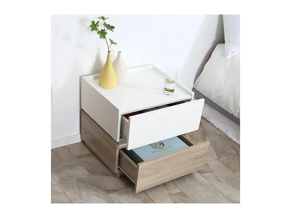 Table de chevet empilable, table de nuit, table d'appoint, avec 2 tiroirs, disponible en blanc et couleur naturelle.