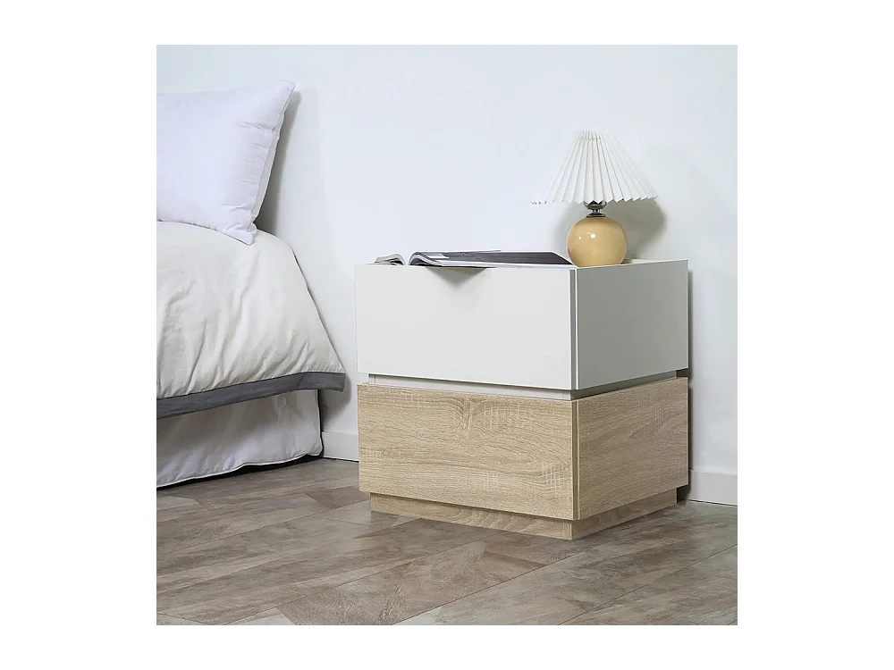 Table de chevet empilable, table de nuit, table d'appoint, avec 2 tiroirs, disponible en blanc et couleur naturelle.