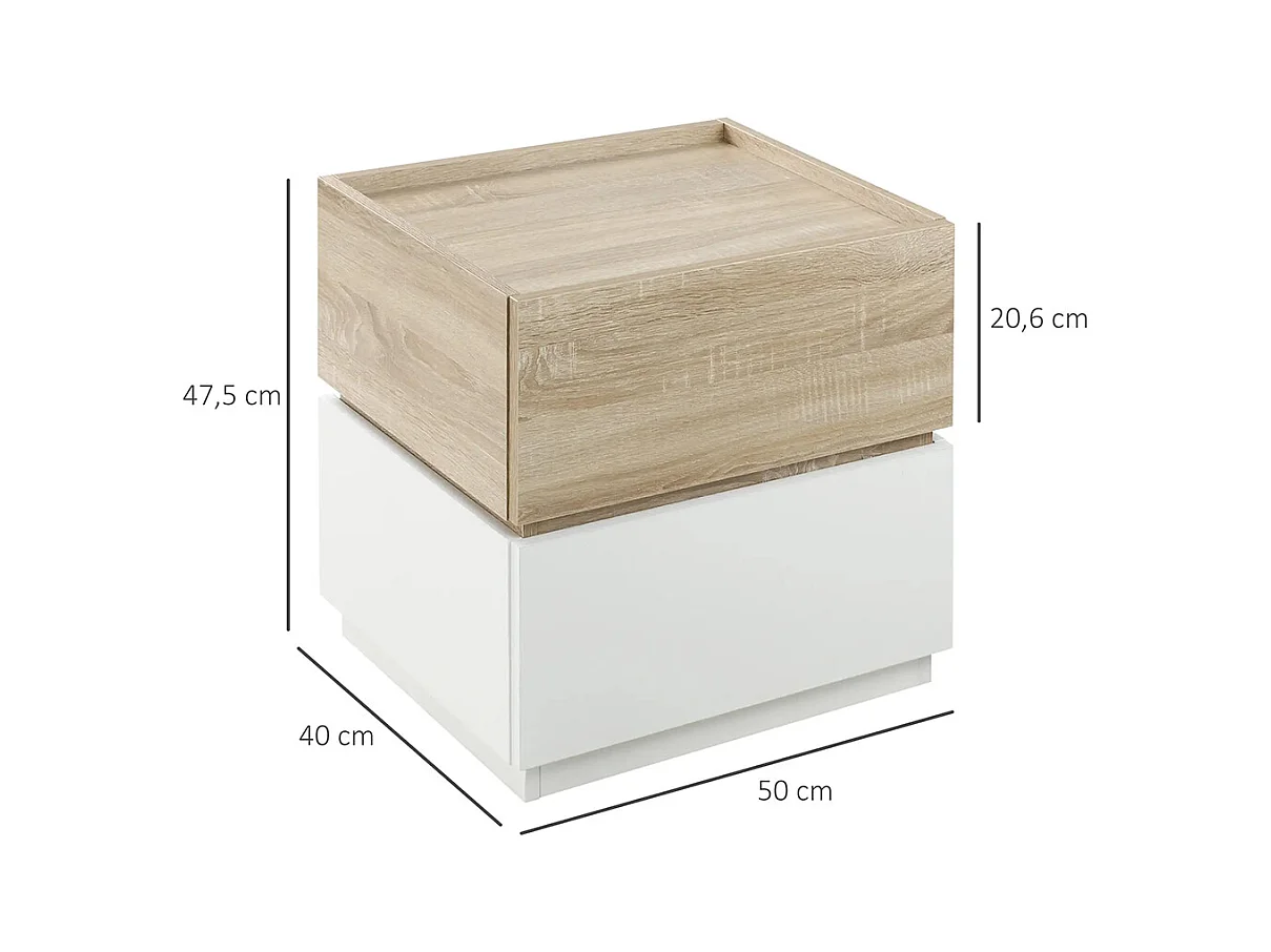 Table de chevet empilable, table de nuit, table d'appoint, avec 2 tiroirs, disponible en blanc et couleur naturelle.