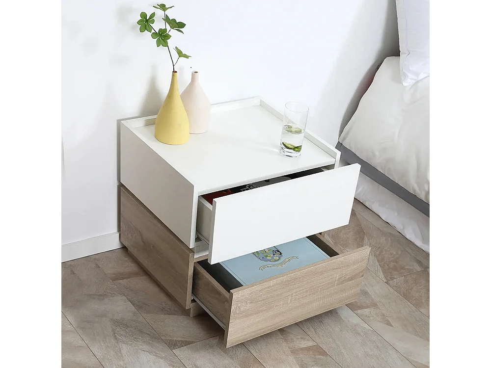 Table de chevet empilable, table de nuit, table d'appoint, avec 2 tiroirs, disponible en blanc et couleur naturelle.