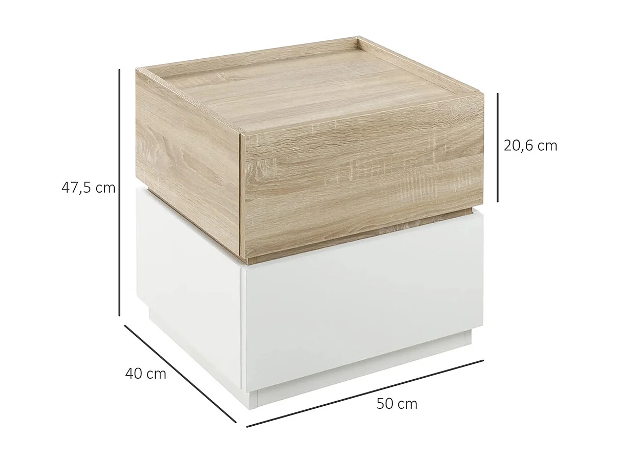 Table de chevet empilable, table de nuit, table d'appoint, avec 2 tiroirs, disponible en blanc et couleur naturelle.