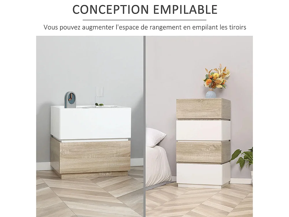 Table de chevet empilable, table de nuit, table d'appoint, avec 2 tiroirs, disponible en blanc et couleur naturelle.