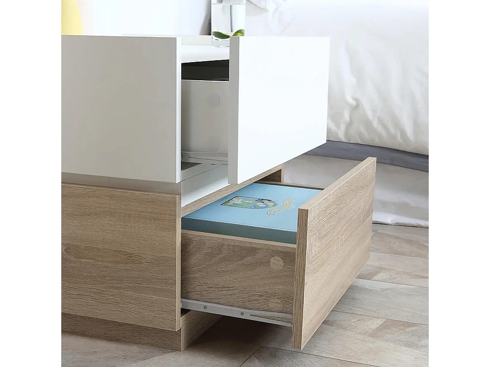 Table de chevet empilable, table de nuit, table d'appoint, avec 2 tiroirs, disponible en blanc et couleur naturelle.