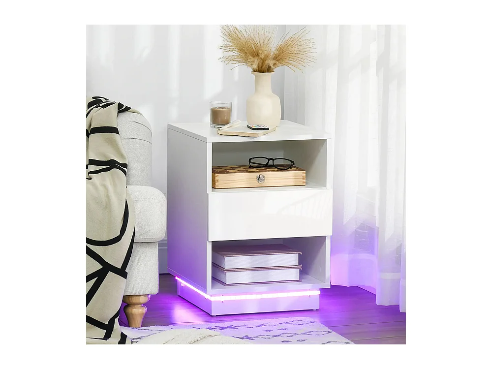 Table de chevet, tiroirs à LED, compartiments de rangement, plateau 40 x 40 x 55 cm, laqué blanc brillant