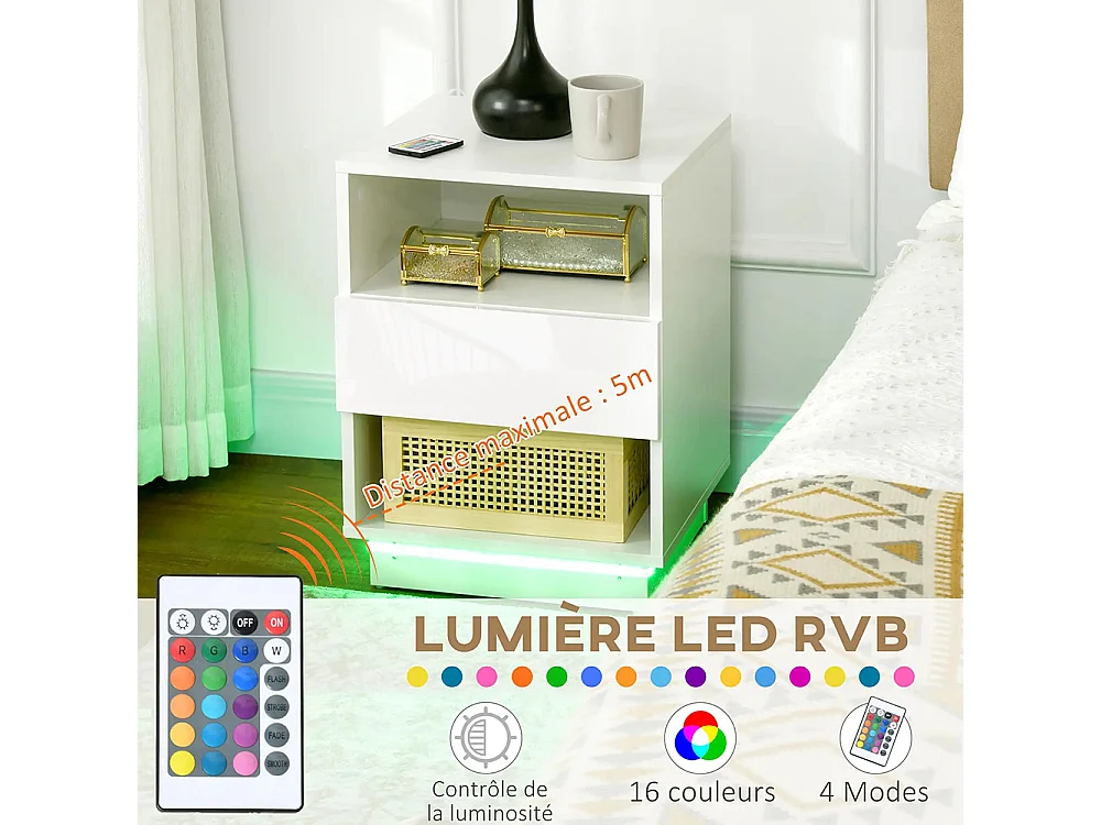 Table de chevet, tiroirs à LED, compartiments de rangement, plateau 40 x 40 x 55 cm, laqué blanc brillant