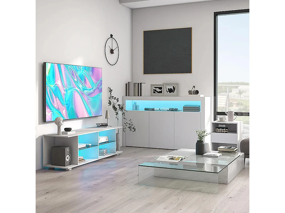 Table de chevet, tiroirs à LED, compartiments de rangement, plateau 40 x 40 x 55 cm, laqué blanc brillant