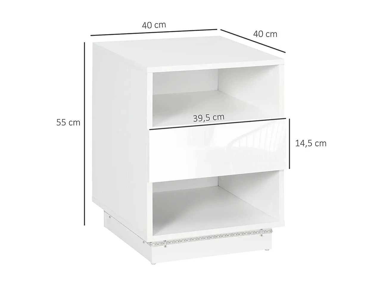 Table de chevet, tiroirs à LED, compartiments de rangement, plateau 40 x 40 x 55 cm, laqué blanc brillant