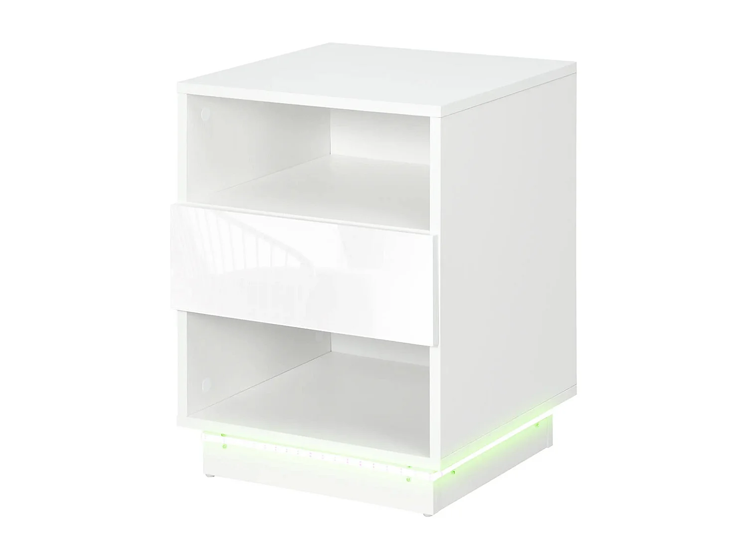 Table de chevet, tiroirs à LED, compartiments de rangement, plateau 40 x 40 x 55 cm, laqué blanc brillant