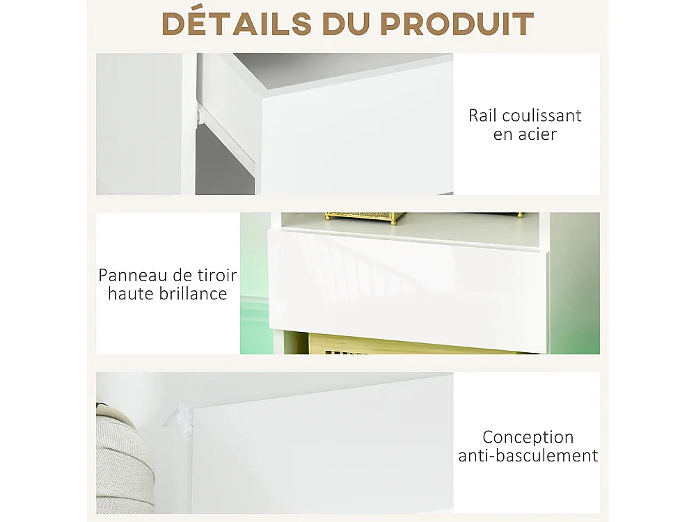 Table de chevet, tiroirs à LED, compartiments de rangement, plateau 40 x 40 x 55 cm, laqué blanc brillant