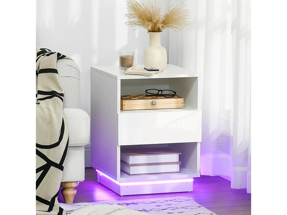 Table de chevet, tiroirs à LED, compartiments de rangement, plateau 40 x 40 x 55 cm, laqué blanc brillant