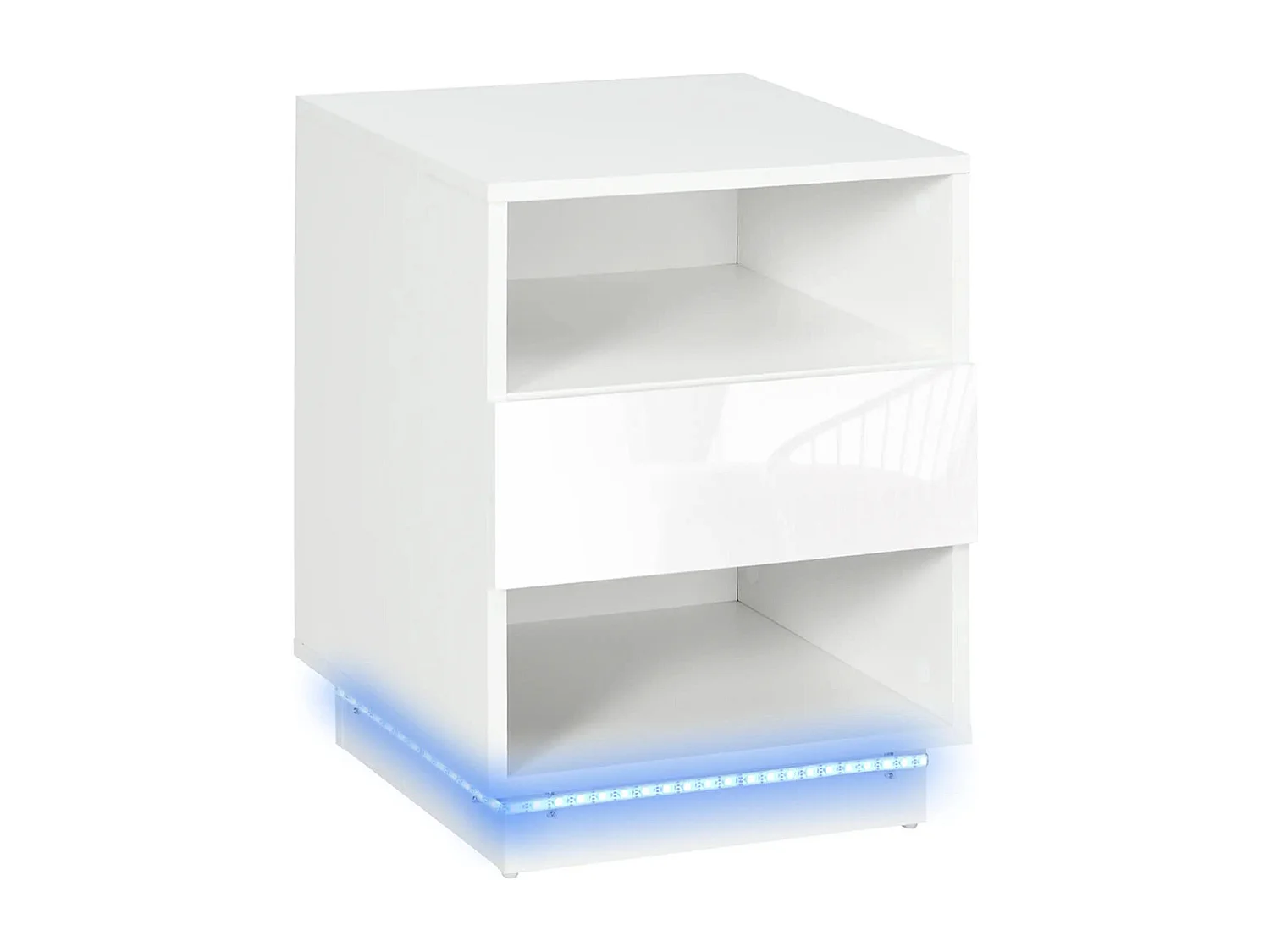 Table de chevet, tiroirs à LED, compartiments de rangement, plateau 40 x 40 x 55 cm, laqué blanc brillant