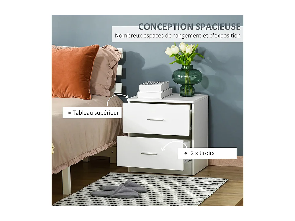 Table de chevet avec 2 tiroirs poignée en alliage d'aluminium style contemporain 45 x 39,5 x 49 cm ，blanc