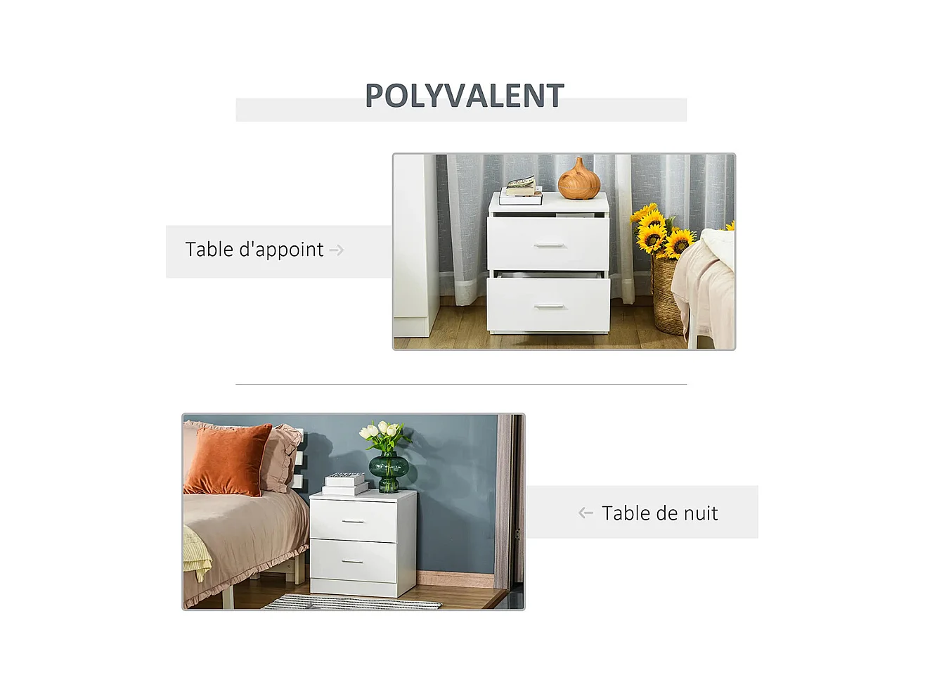 Table de chevet avec 2 tiroirs poignée en alliage d'aluminium style contemporain 45 x 39,5 x 49 cm ，blanc