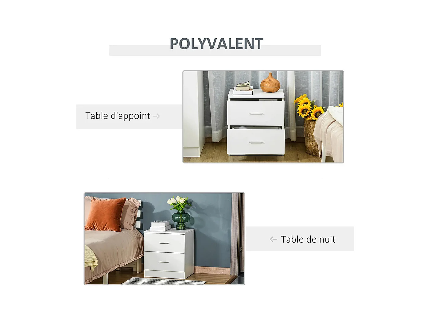 Table de chevet avec 2 tiroirs poignée en alliage d'aluminium style contemporain 45 x 39,5 x 49 cm ，blanc