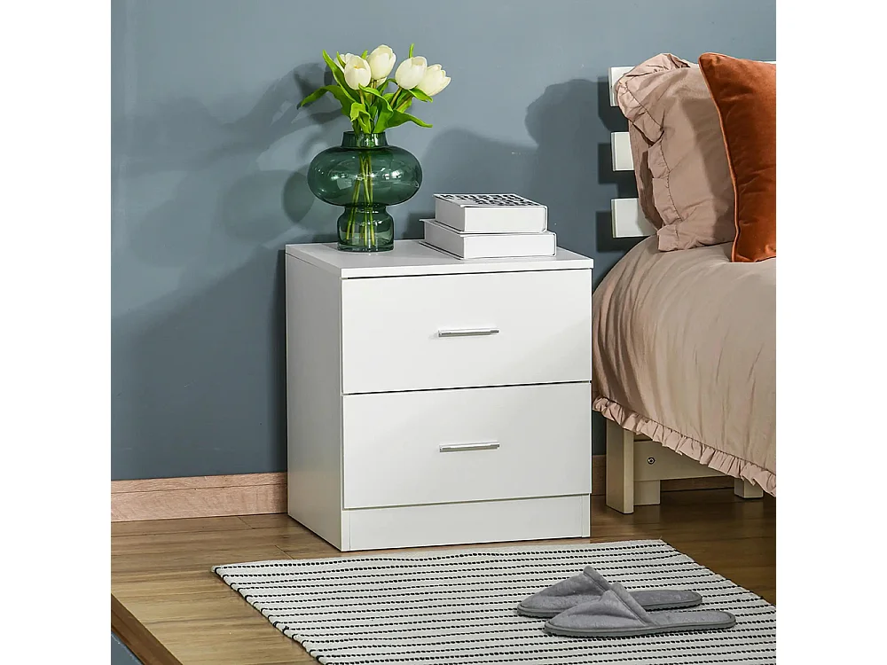 Table de chevet avec 2 tiroirs poignée en alliage d'aluminium style contemporain 45 x 39,5 x 49 cm ，blanc