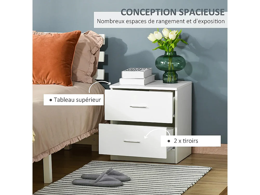 Table de chevet avec 2 tiroirs poignée en alliage d'aluminium style contemporain 45 x 39,5 x 49 cm ，blanc