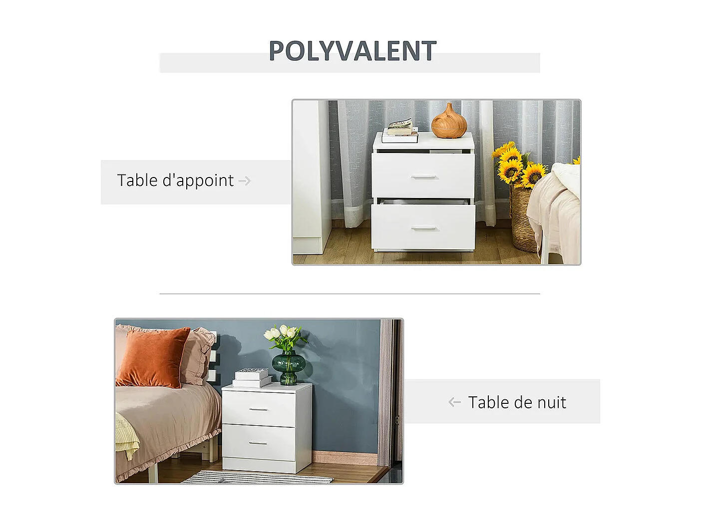 Table de chevet avec 2 tiroirs poignée en alliage d'aluminium style contemporain 45 x 39,5 x 49 cm ，blanc