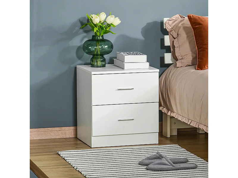 Table de chevet avec 2 tiroirs poignée en alliage d'aluminium style contemporain 45 x 39,5 x 49 cm ，blanc