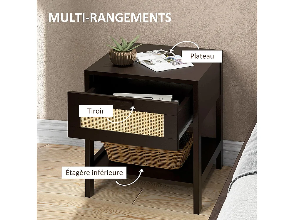 Table de chevet table de nuit avec tiroir et étagère, cannage en rotin, dim. 40L x 40l x 48H cm， noir