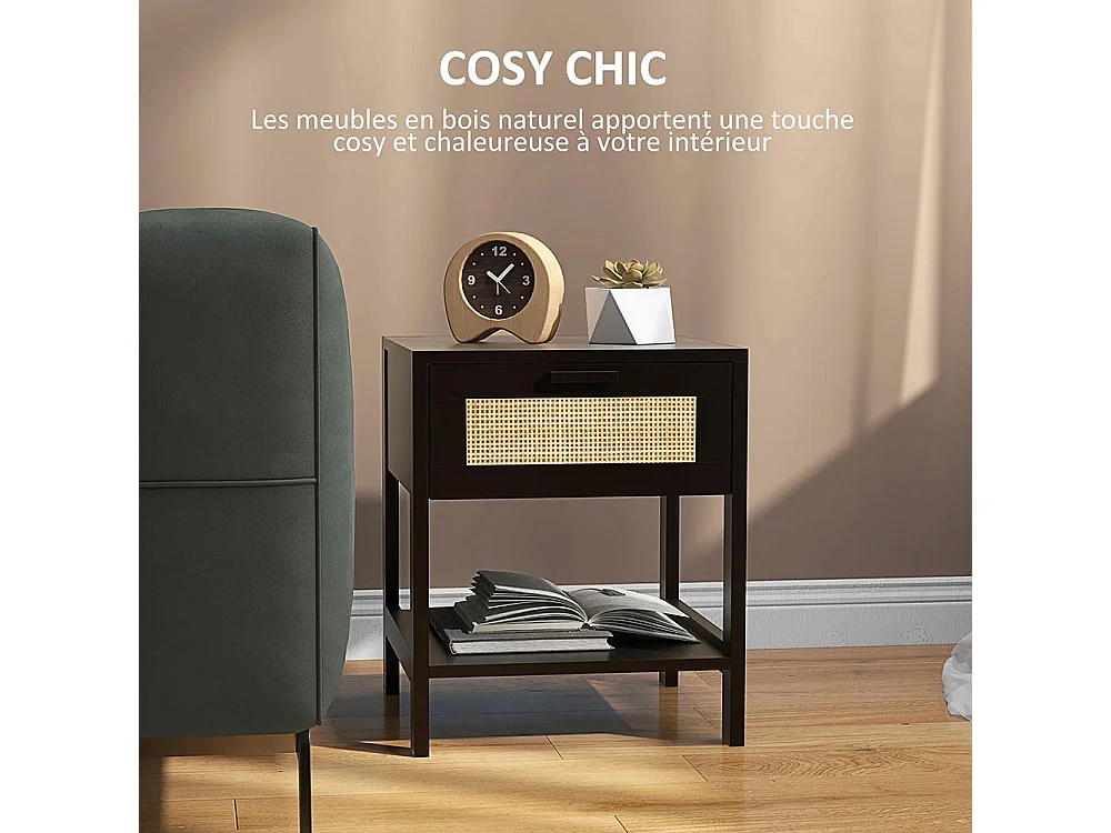 Table de chevet table de nuit avec tiroir et étagère, cannage en rotin, dim. 40L x 40l x 48H cm， noir