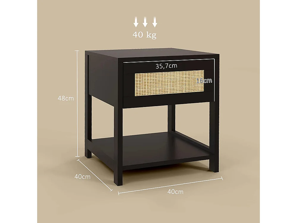 Table de chevet table de nuit avec tiroir et étagère, cannage en rotin, dim. 40L x 40l x 48H cm， noir