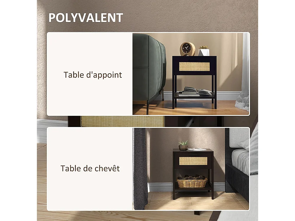 Table de chevet table de nuit avec tiroir et étagère, cannage en rotin, dim. 40L x 40l x 48H cm， noir