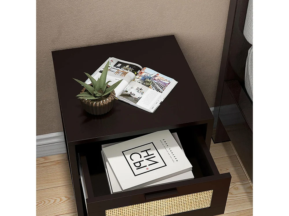 Table de chevet table de nuit avec tiroir et étagère, cannage en rotin, dim. 40L x 40l x 48H cm， noir